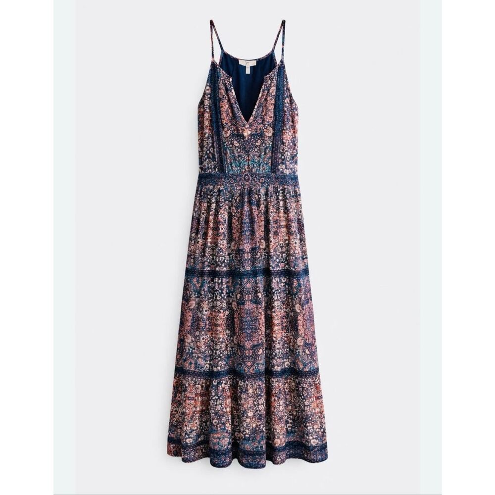 Joie Navy Pink Silk Printed Sleeveless V-Neck Tiered Boho Maxi Dress Size 2